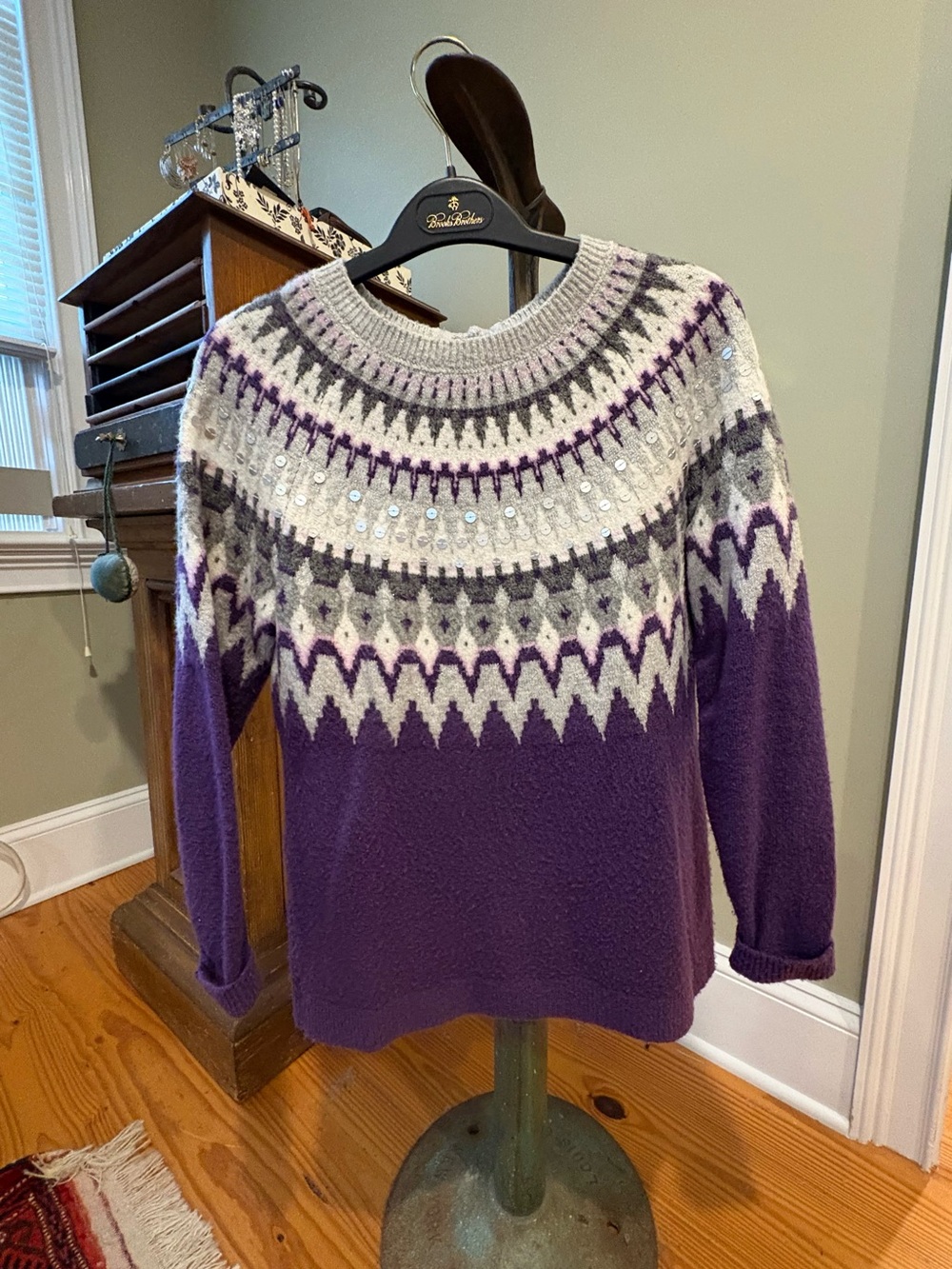 Talbots Purple Fair Isle Sequin Yoke Crew Neck Sweater